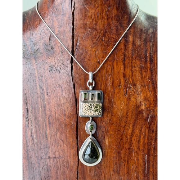 Green and Watermelon Tourmaline Jasper Sterling Silver Handmade Pendant - Picture 4 of 10